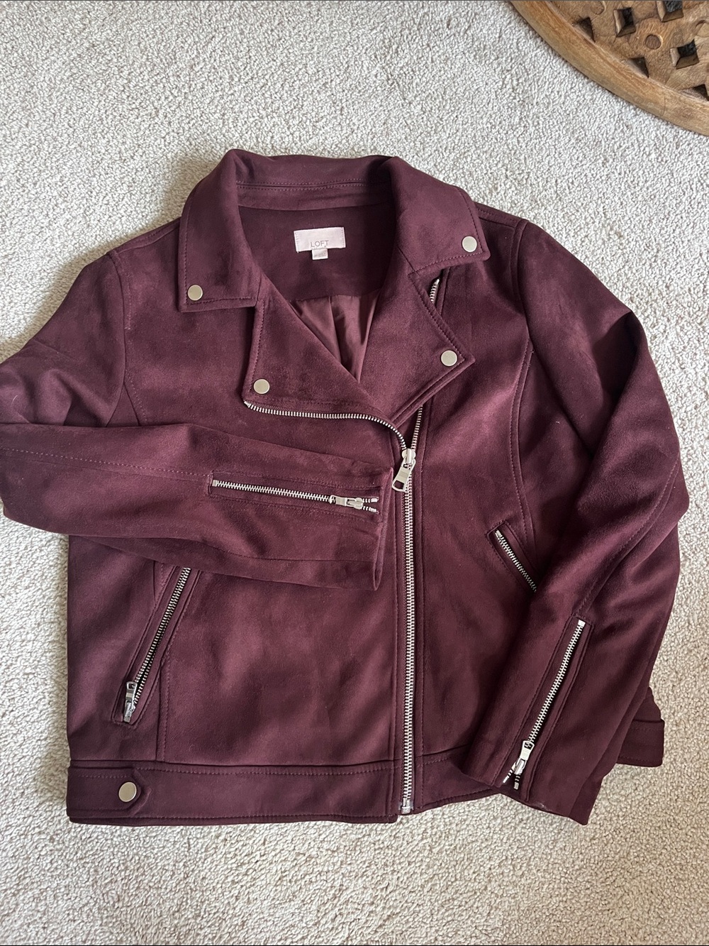 LOFT Women's Wine Faux Suede Moto Jacket with Silver Hardware